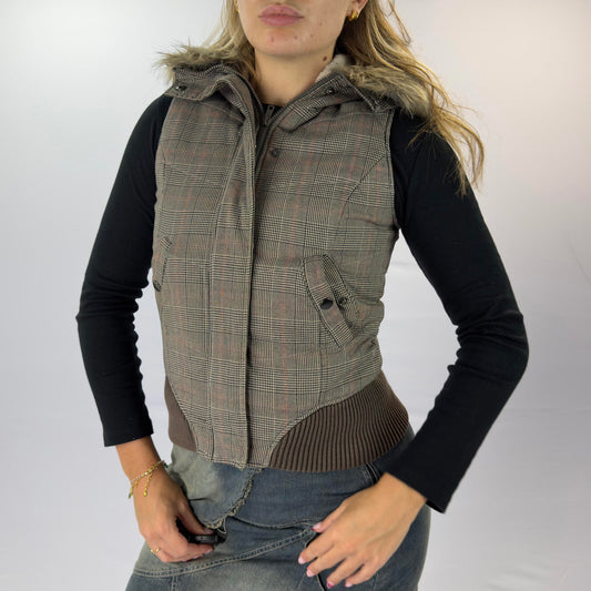 Clockhouse Plaid Women's Puffer Vest with Faux Fur Hood- SIZE XS