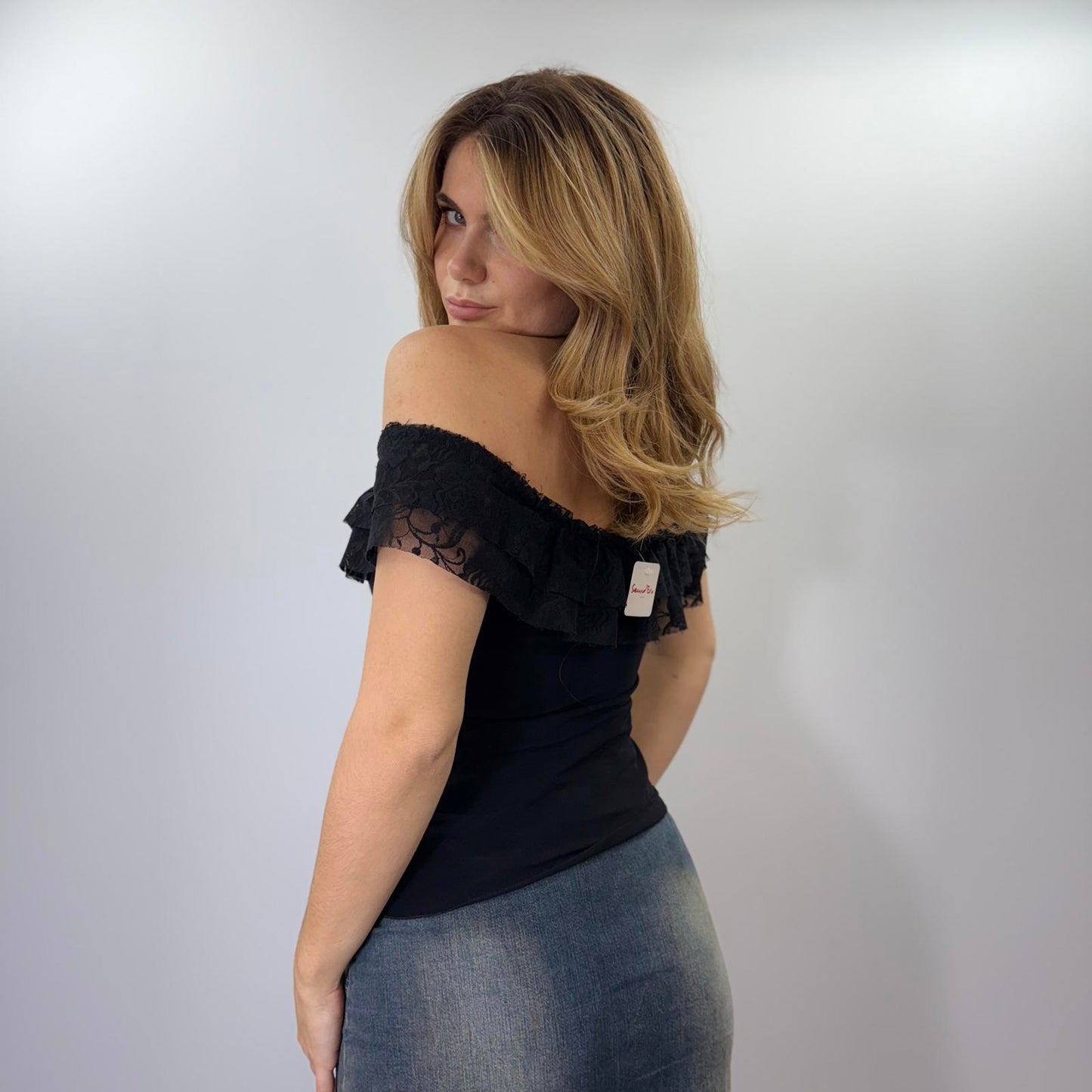 Black Off-Shoulder Ruffle Lace Top for Women- SIZE L/XL