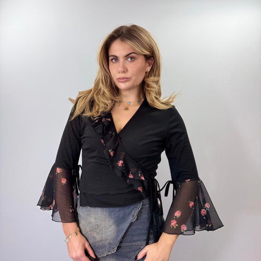 Promesse Black Floral Sheer Sleeve Wrap Top- SIZE L