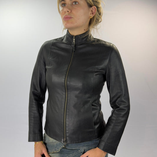Made in Italy Women's Black Leather Jacket with Front Zip- SIZE S