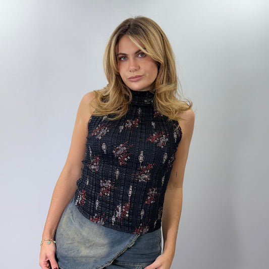 Black Floral Sleeveless High Neck Top- SIZE M