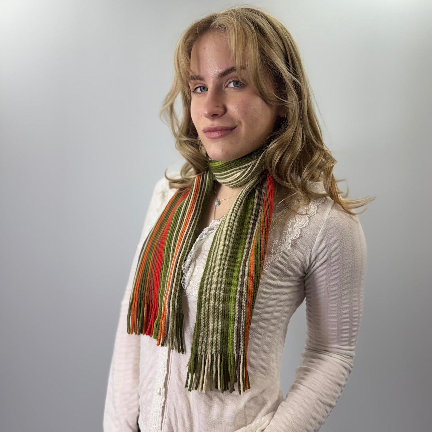 Striped Green and Orange Women's Scarf with Fringe