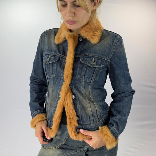 Gas Jeans Women's Denim Jacket with Faux Fur Trim- SIZE M