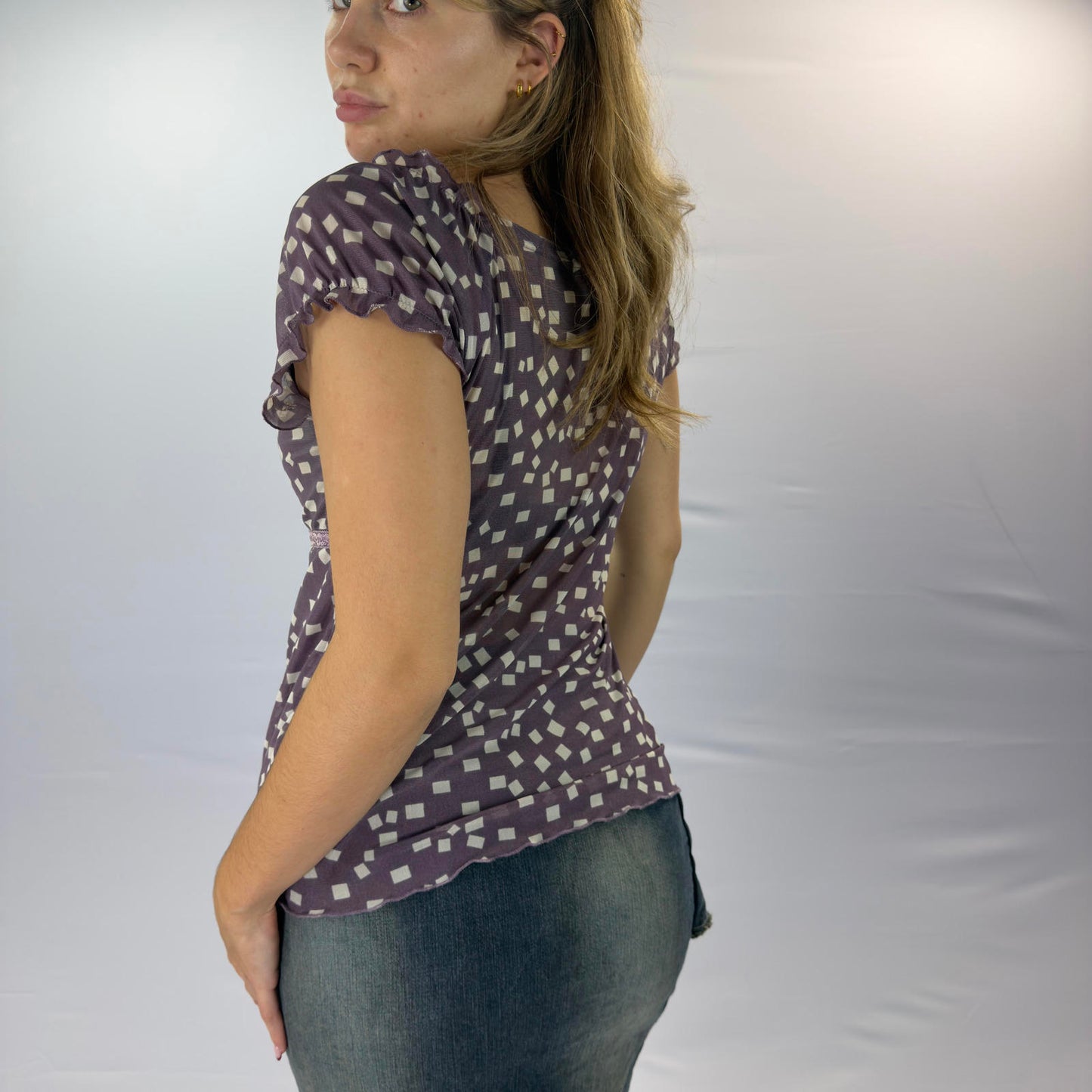 Purple Patterned Short Sleeve Women's Top with Lace Detail- SIZE XXL