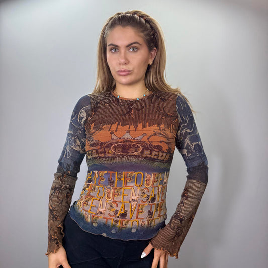 Y2K Save the Queen Mesh Long Sleeve Graphic Top Brown Orange Vintage Print