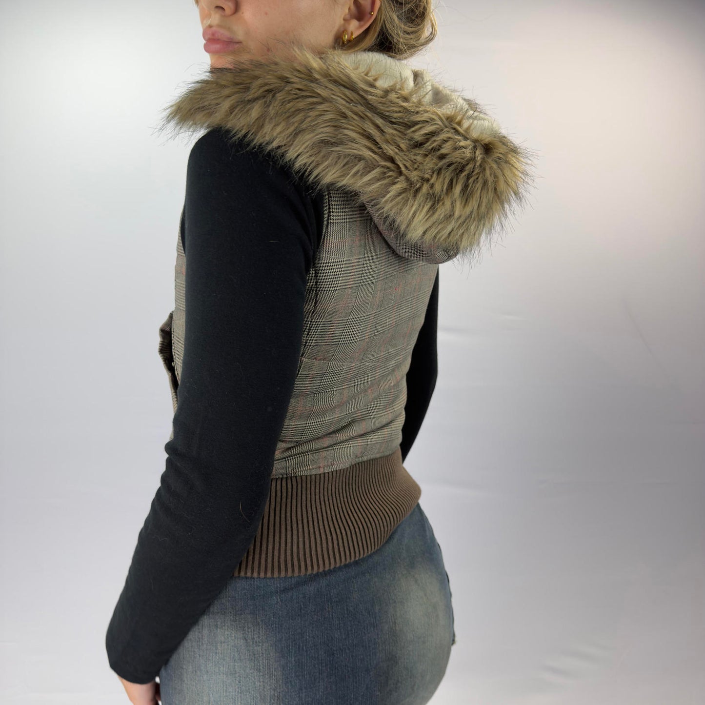 Clockhouse Plaid Women's Puffer Vest with Faux Fur Hood- SIZE XS