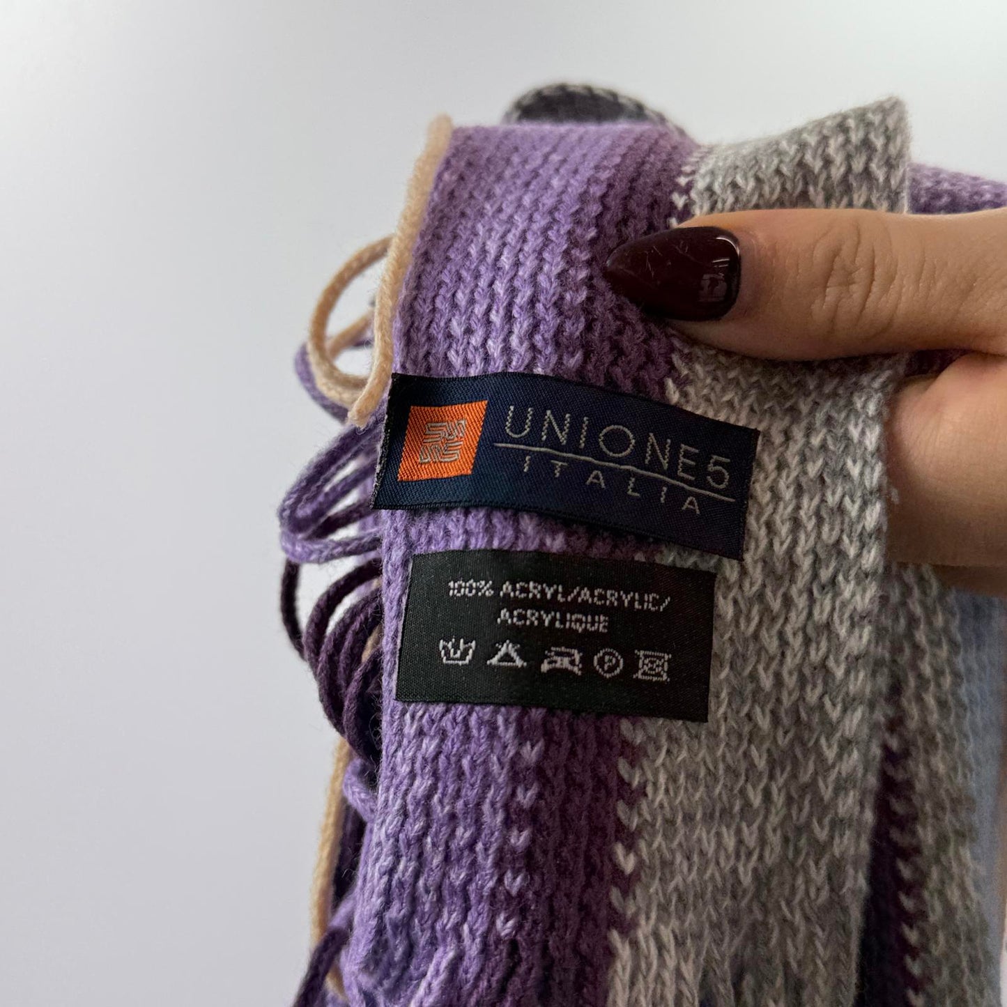 Striped Knit Scarf in Purple, Blue, and Grey Tones