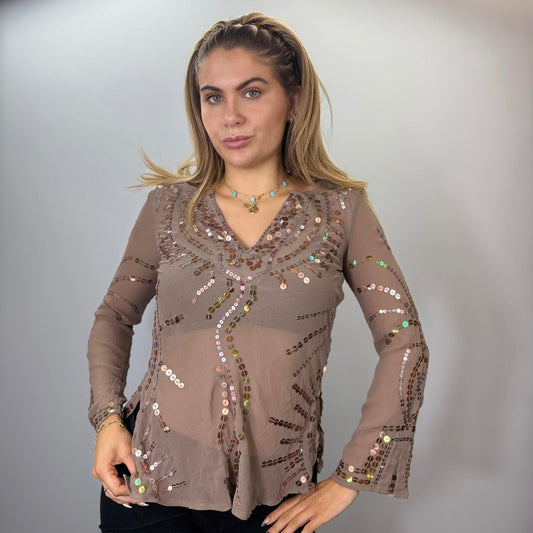 Y2K Sheer Sequin Mesh Top Long Sleeve Boho Fairy Vintage Blouse