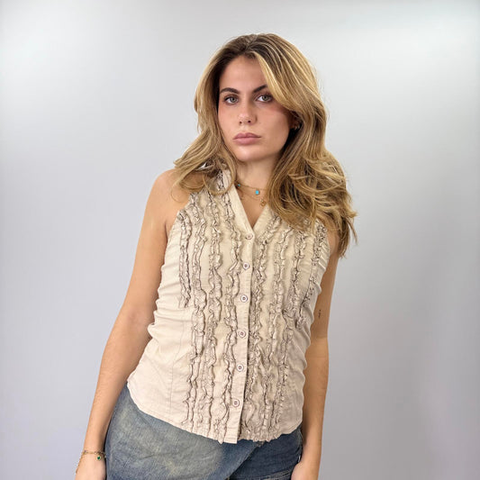 S&W Beige Sleeveless Ruffle Detail Button-Up Top- SIZE M