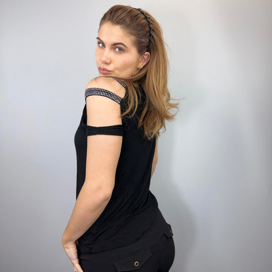 Y2K Bebe Black Cold Shoulder Top – Rhinestone Logo 2000s