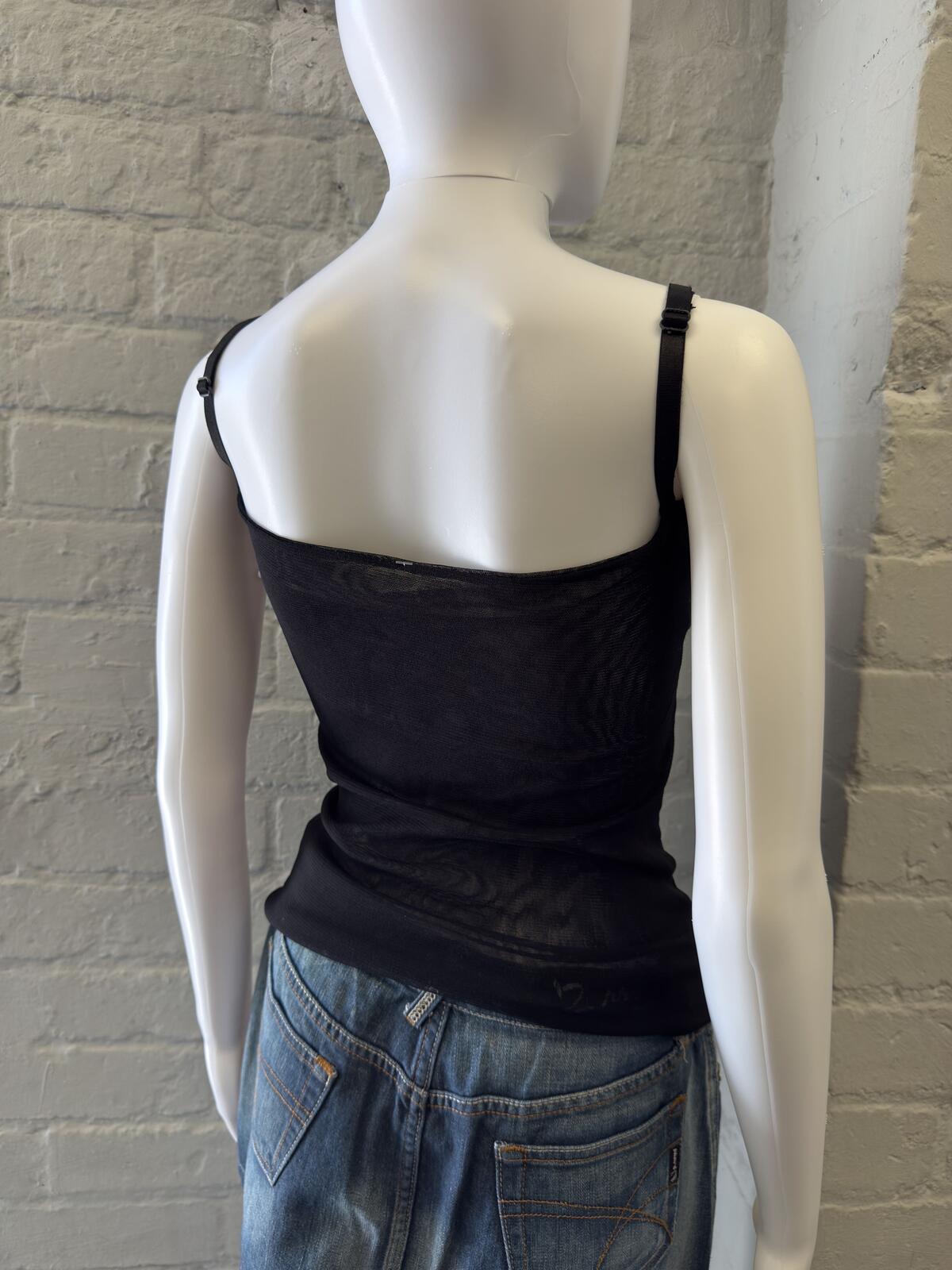 Black Ruched Sheer Mesh Camisole Top with Adjustable Straps