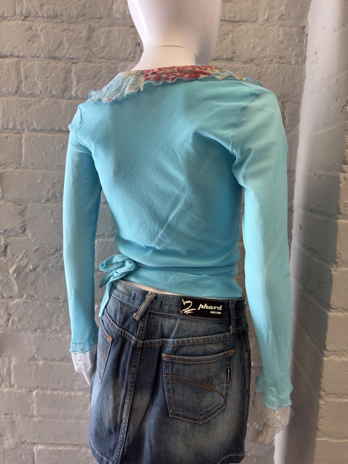Light Blue Silk Wrap Top with Floral Sheer Detail