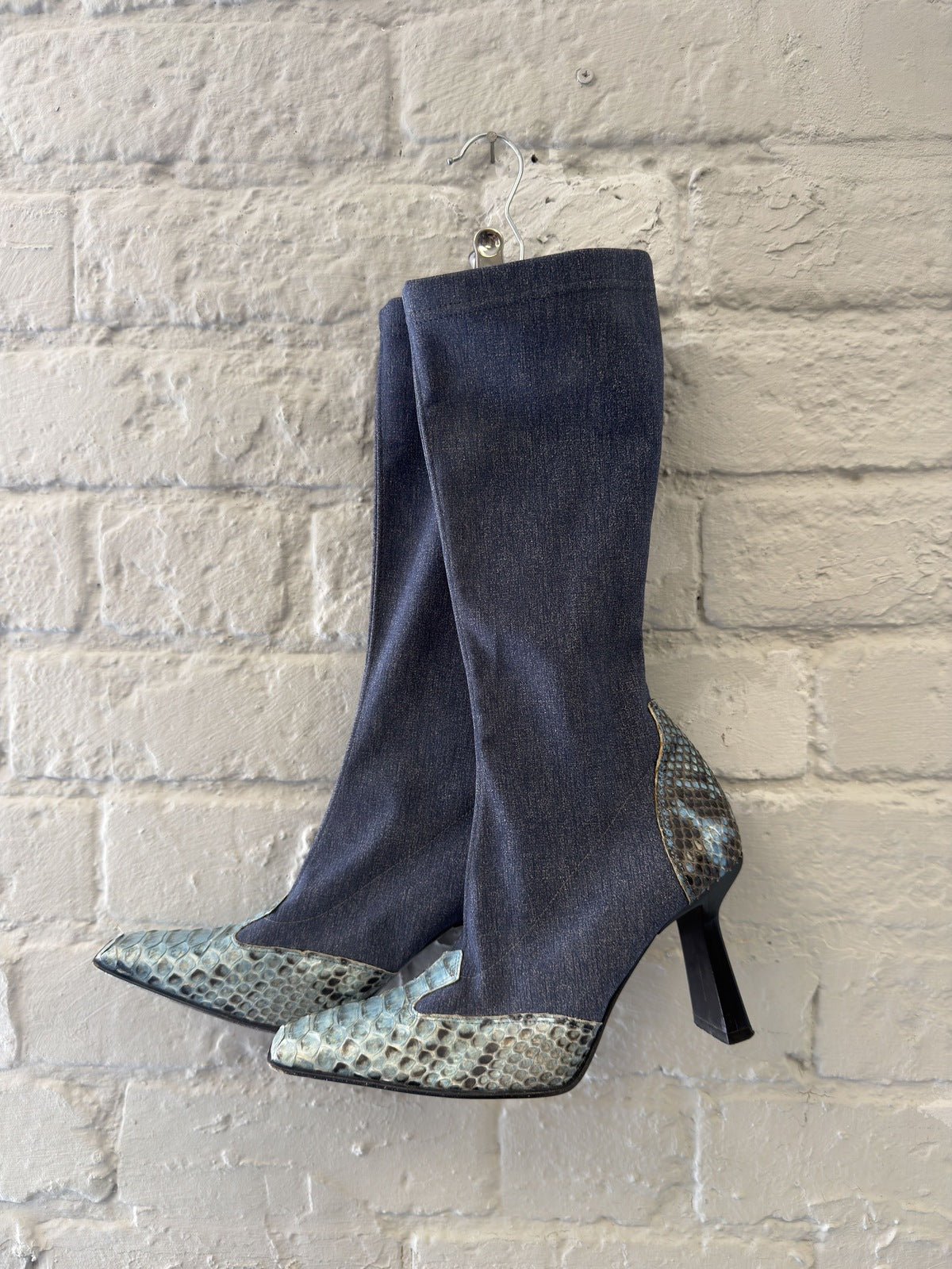 Mid-Calf Heeled Boots with Denim and Snakeskin Pattern