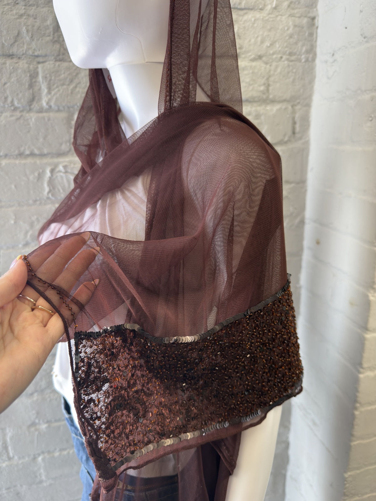 Brown Sheer Mesh Shawl with Sequin Trim