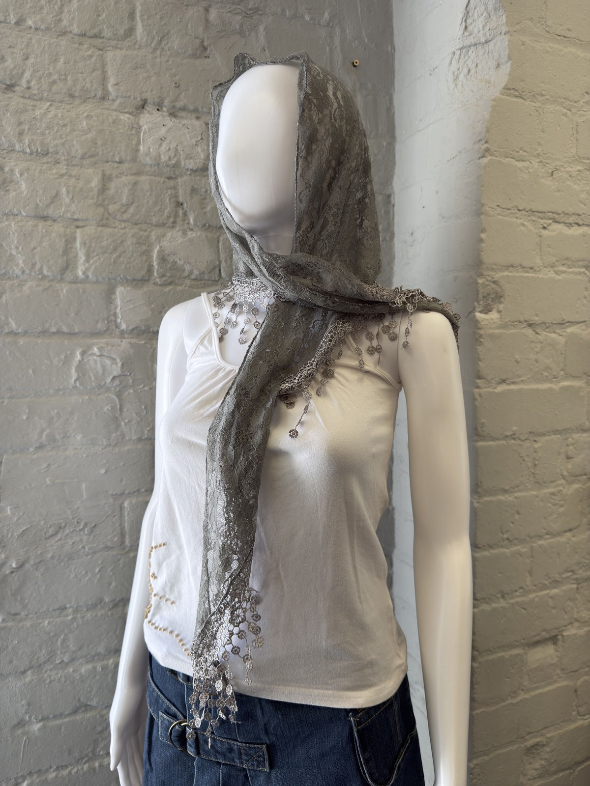 Delicate Grey Lace Headscarf