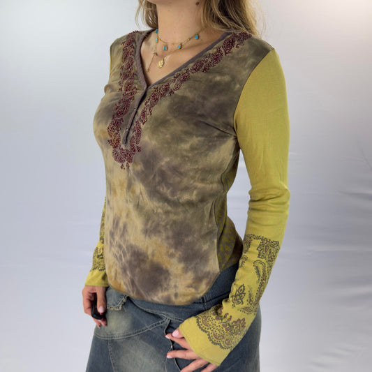 Marlboro Classics Women's Long Sleeve Tie-Dye Top with Embroidered Details- SIZE L