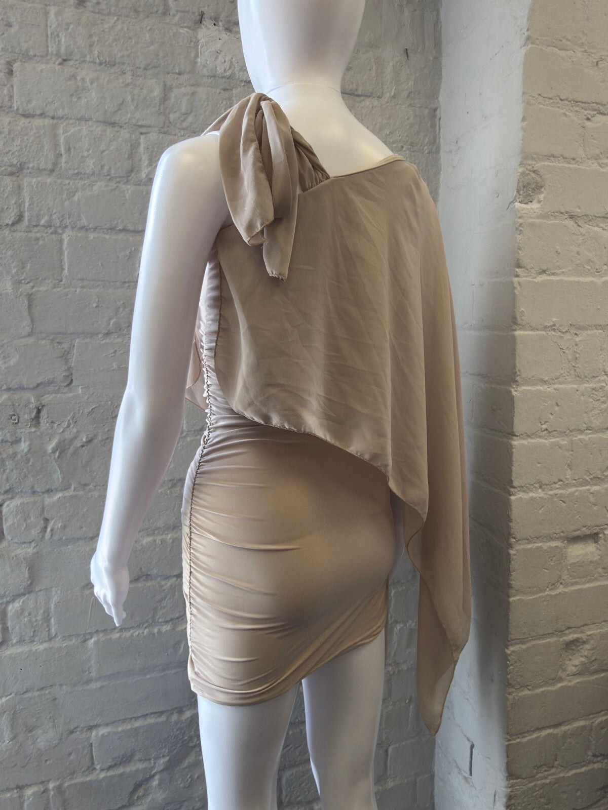 Asymmetrical Beige Mini Dress with Floral Overlay