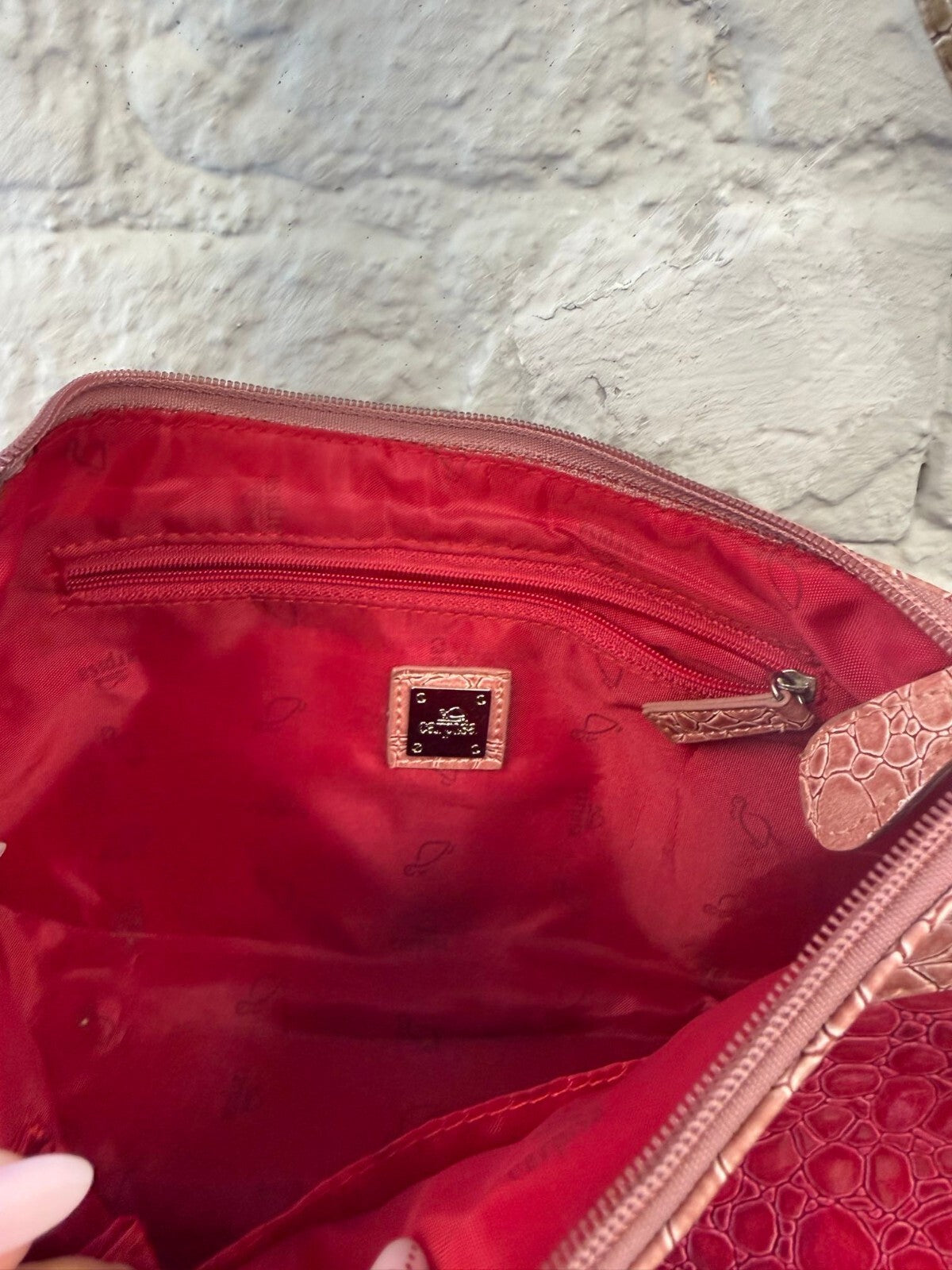 Pink and Beige Croc-Embossed Leather Shoulder Bag