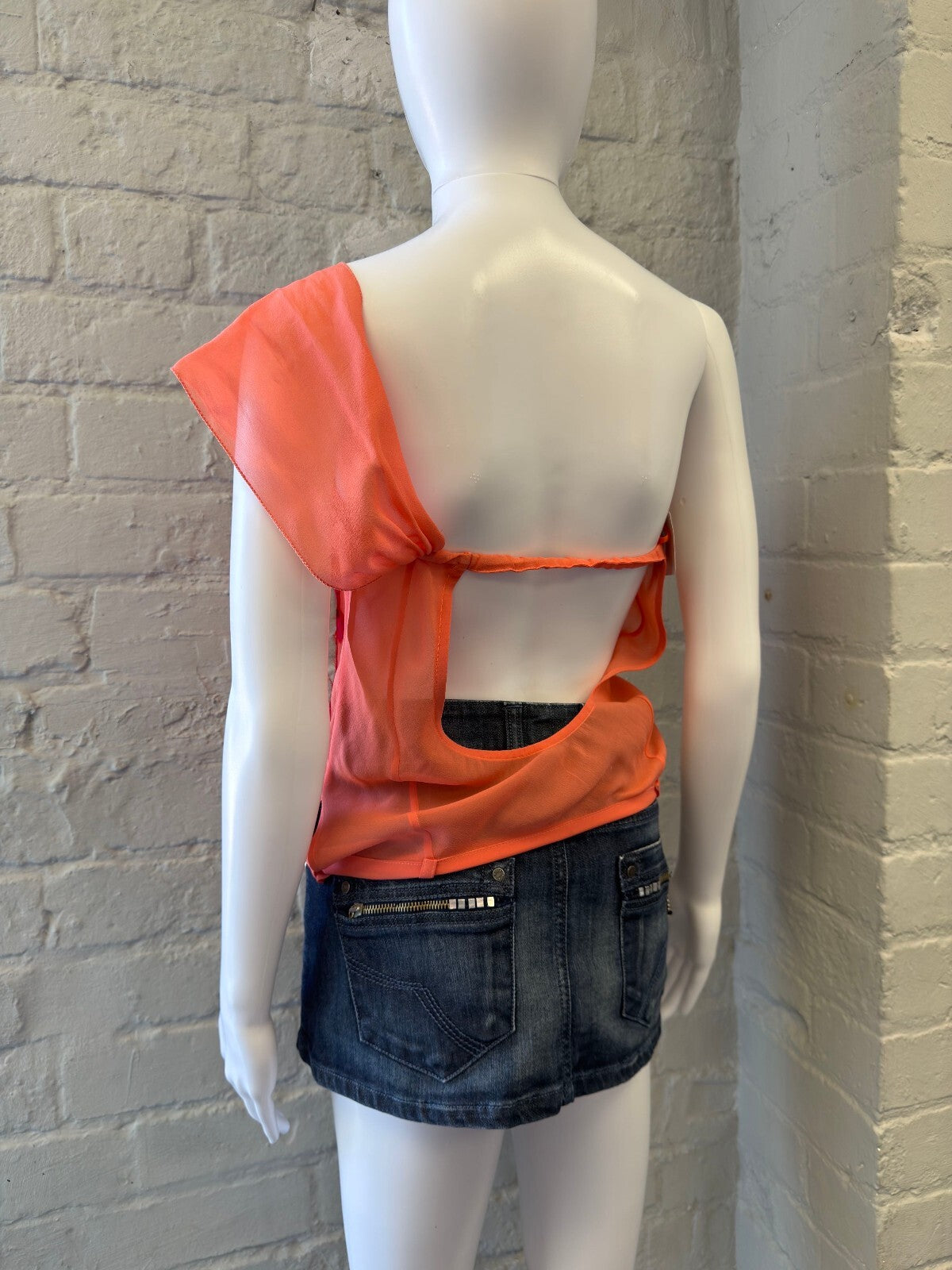 Coral One-Shoulder Embroidered Top with Sequin Detail
