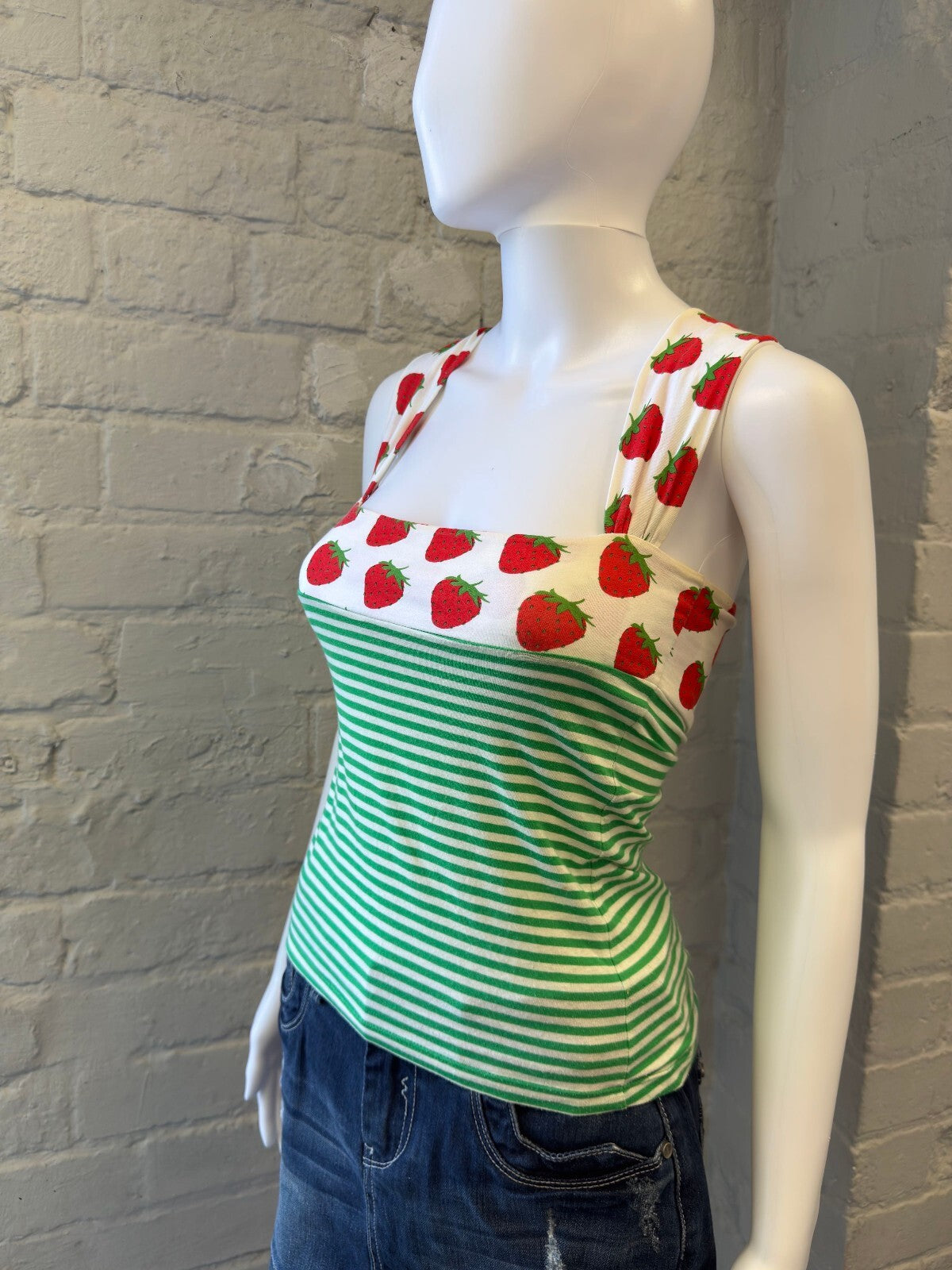 Green and White Striped Tank Top with Strawberry Print Straps