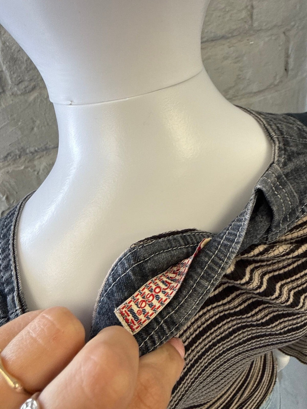 Vintage Striped Sleeve V-Neck Top with Embroidered Front