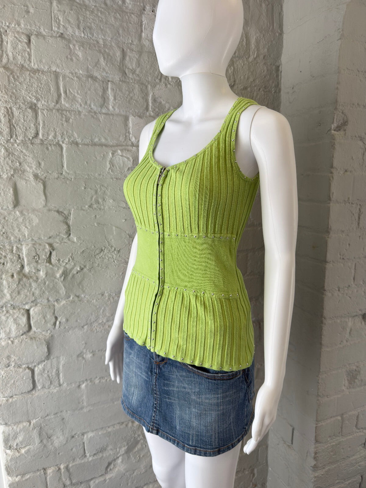 Lime Green Ribbed Tank Top with Stud Details