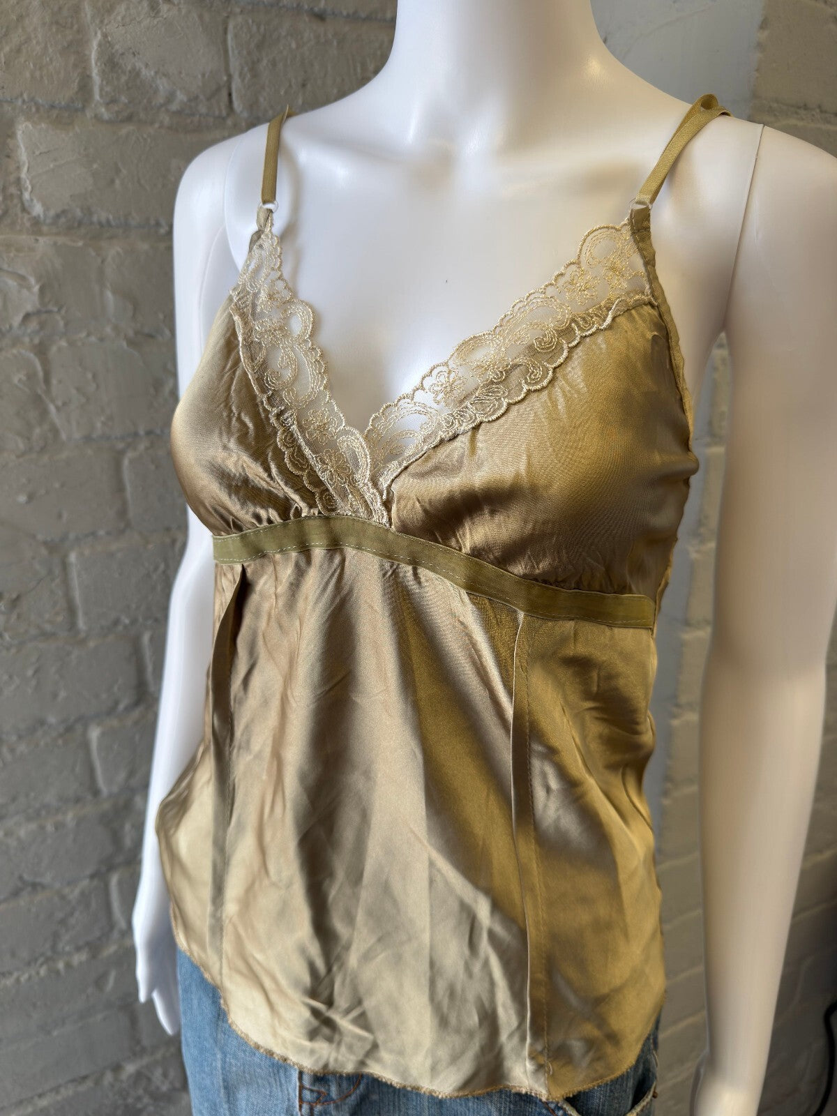 Silky Satin Beige Lace Trim Cami Top