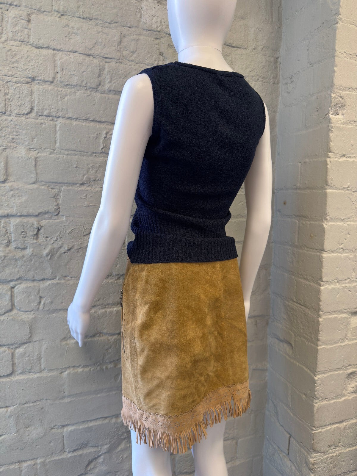 Tan Suede Mini Skirt with Fringe Hem and Belt Detail