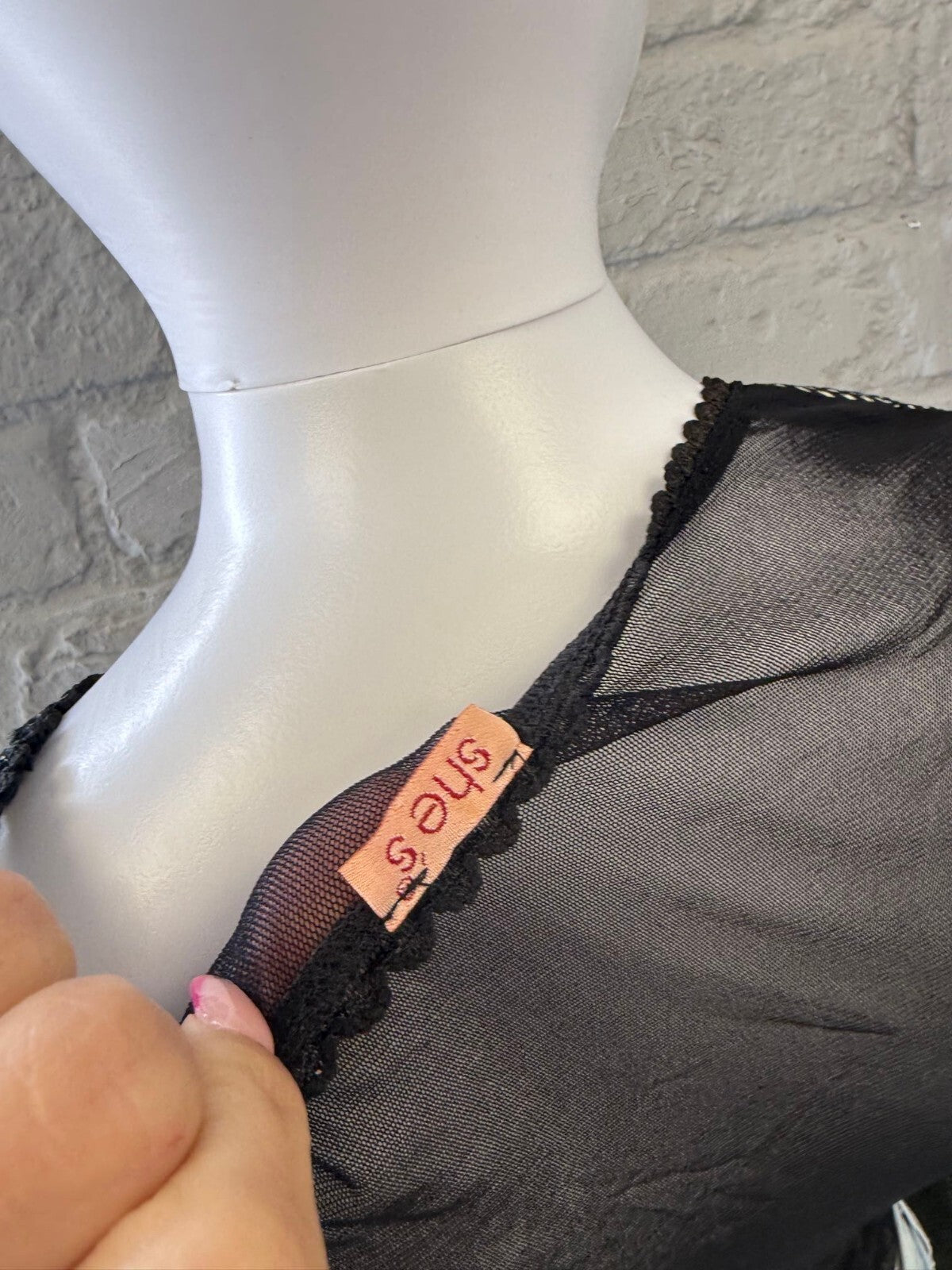Y2K Black and White Mesh Long Sleeve Top with Keyhole Detail