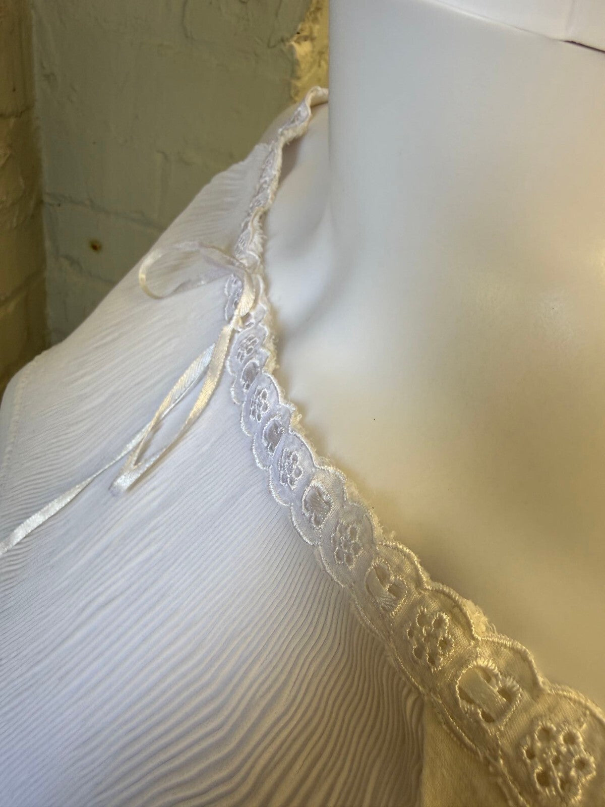 White Short Sleeve Sheer Blouse with Lace Trim and Ribbon Bow