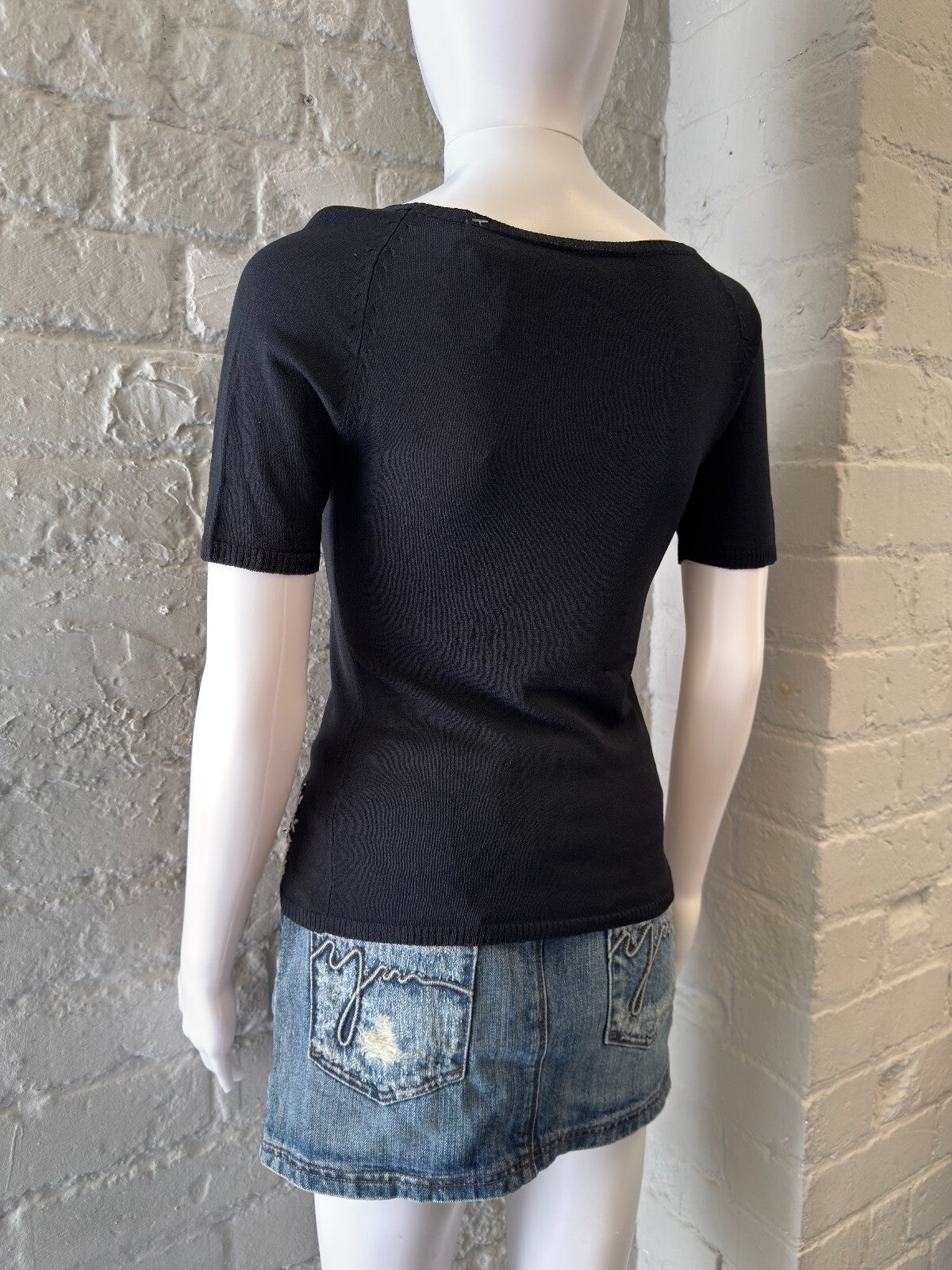 Black Knit Top with Floral Embroidery and Button Detail