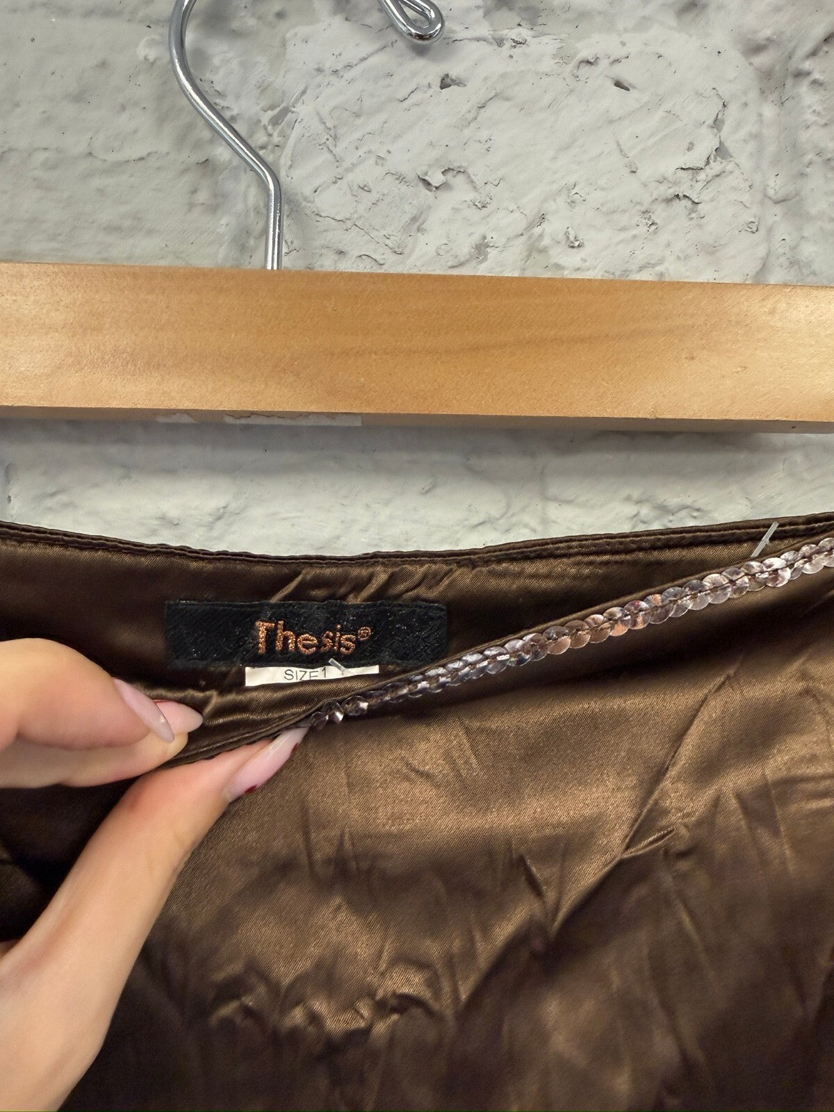 Brown Satin Ruffle Mini Skirt with Sequin Trim