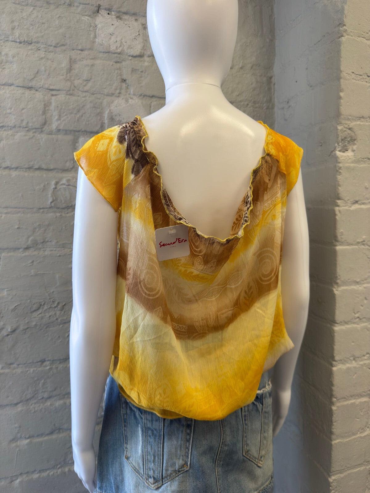 Yellow and Brown Patterned Cap Sleeve Blouse