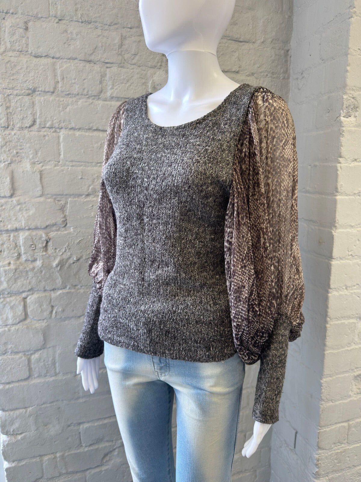 Vintage Grey Knit Jumper with Sheer Patterned Puff Sleeves