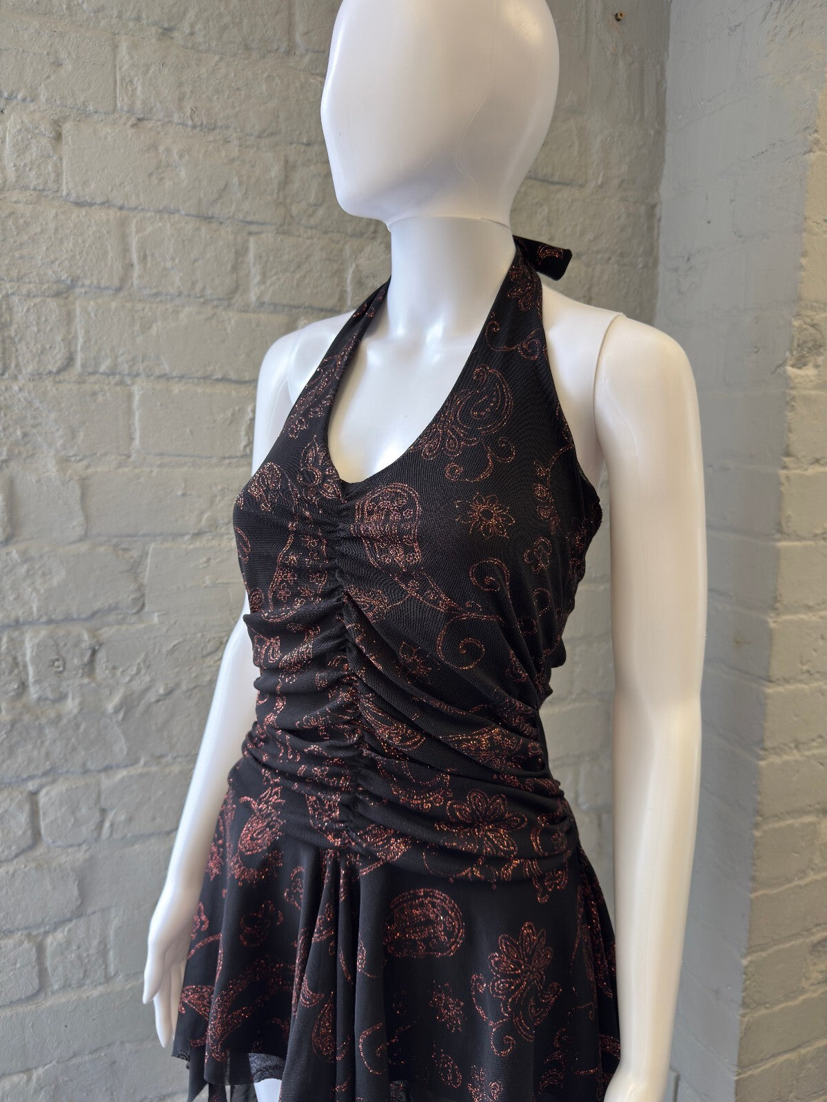 Black and Brown Paisley Halter Dress with Handkerchief Hem