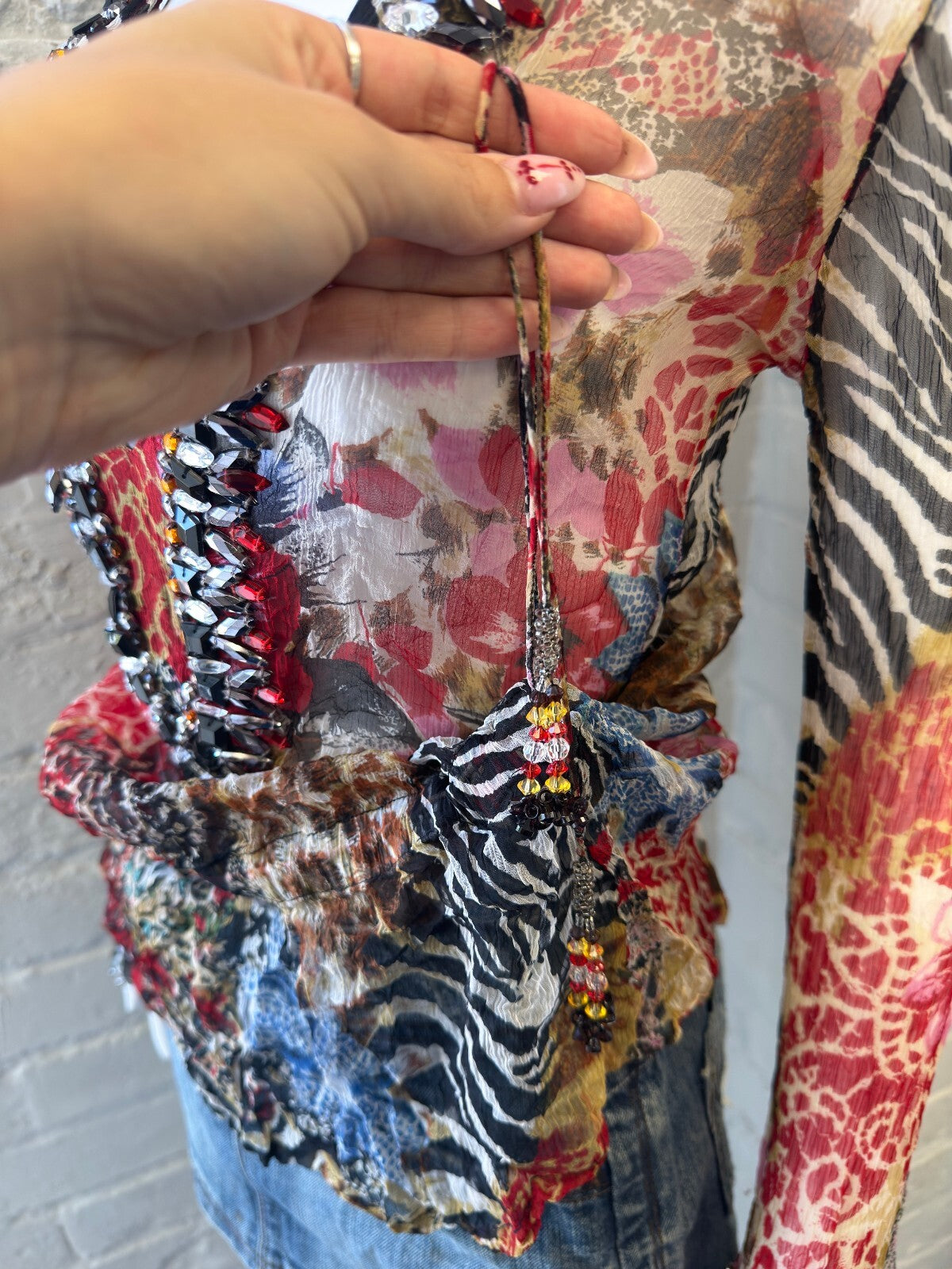 Embellished Sheer Animal Print Long Sleeve