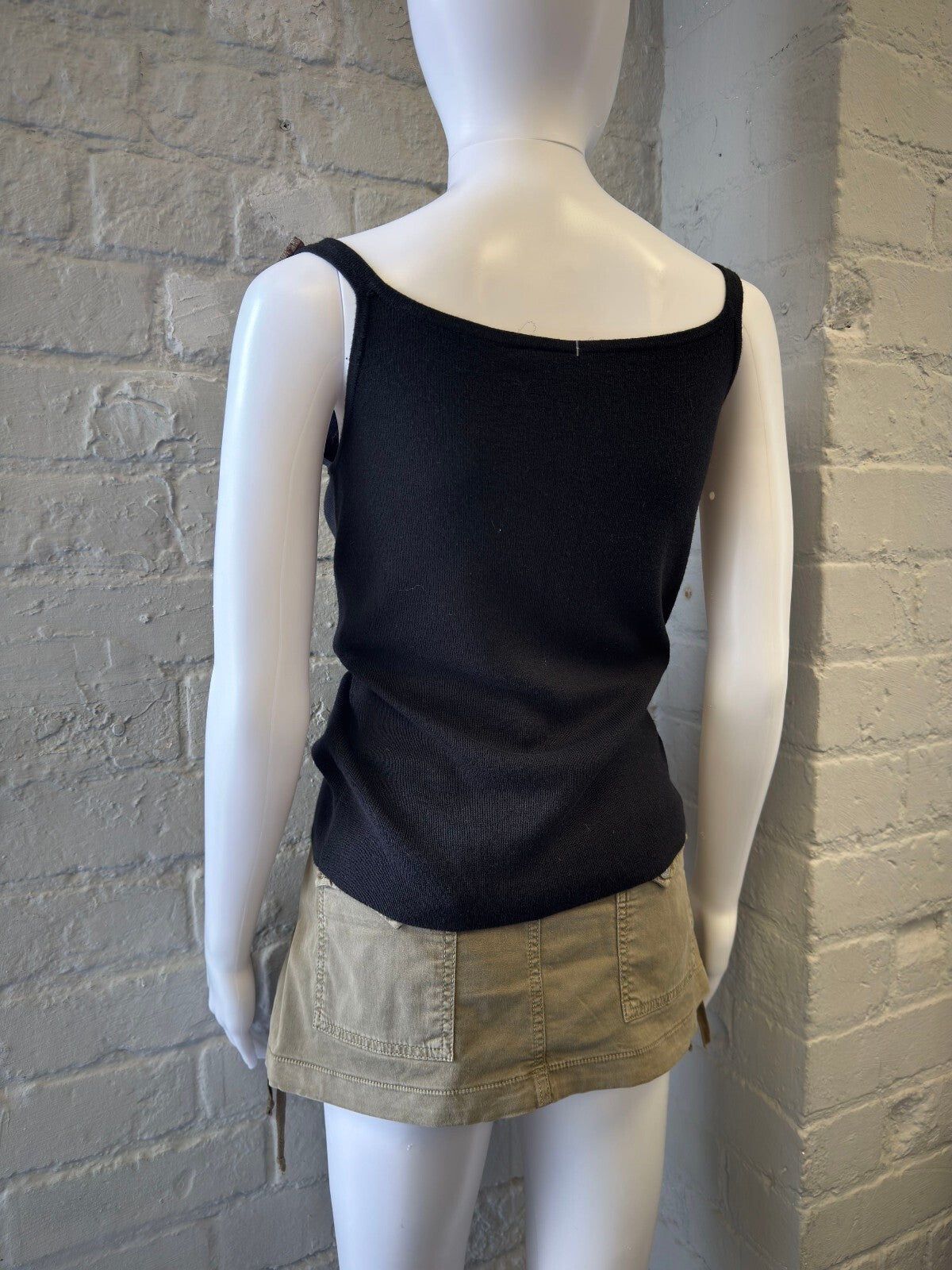 Black Embellished Tank Top with Brown Floral Appliqué