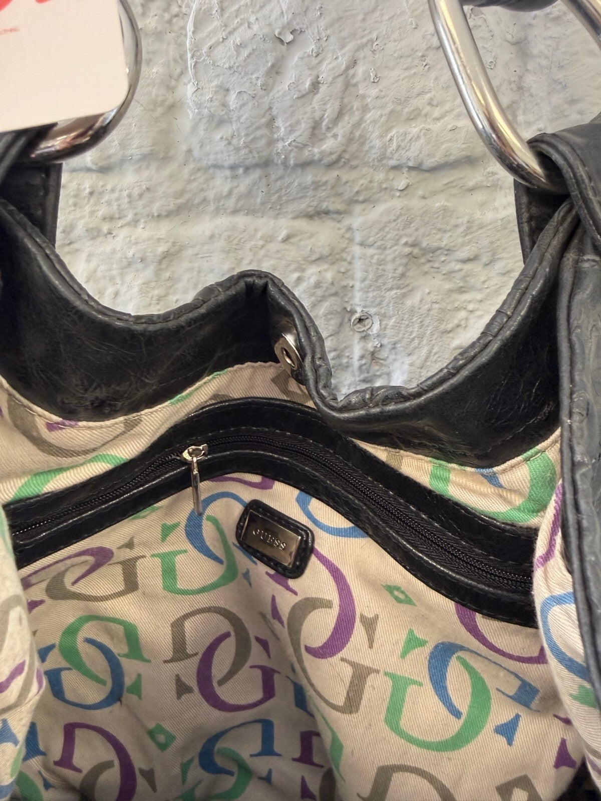 Guess Black Embossed Leather Shoulder Bag with Silver Hardware