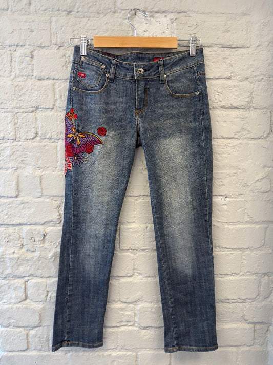 Miss Sixty Denim Capris with Embroidered Butterfly and Floral Design