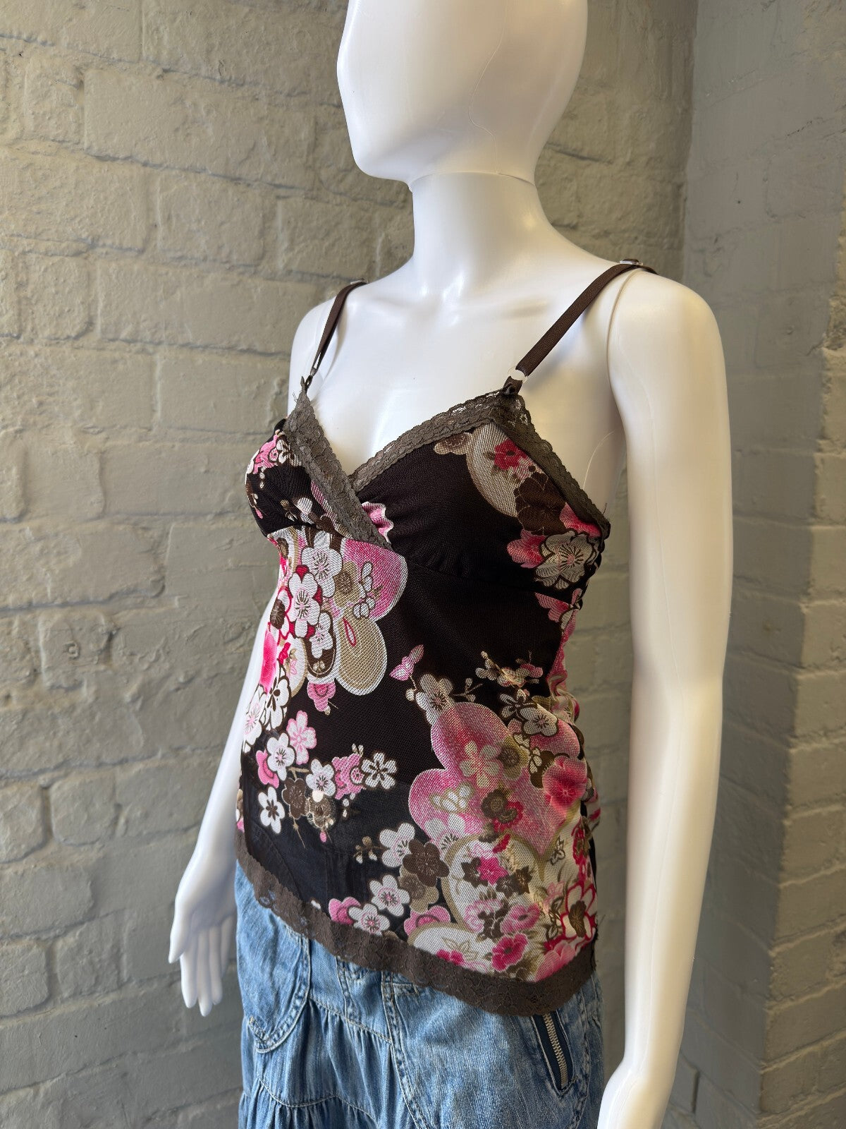 Floral Print Camisole Top with Lace Trim