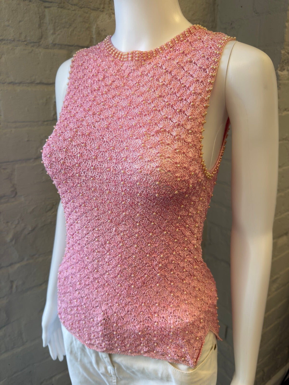 Pink Knitted Sleeveless Top with Beaded Detail