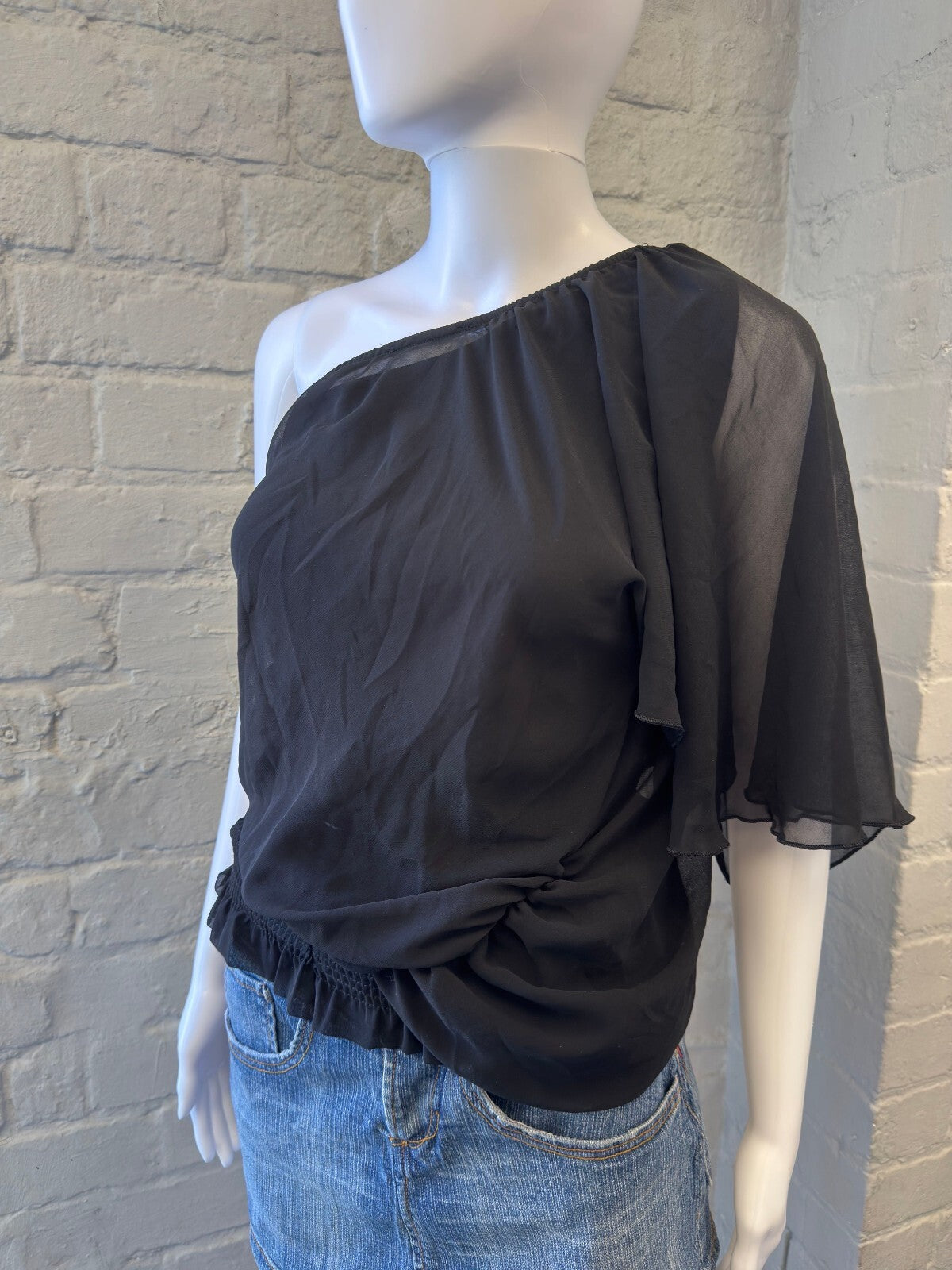 Black One-Shoulder Sheer Sleeve Blouse