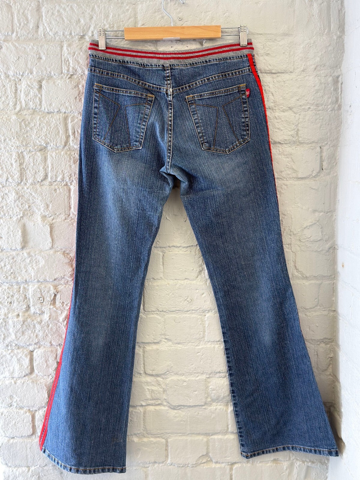 Y2K Blue Denim Flared Jeans with Red Stripe Detail