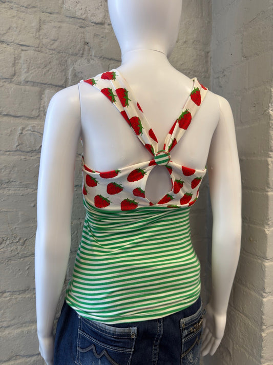 Green and White Striped Tank Top with Strawberry Print Straps