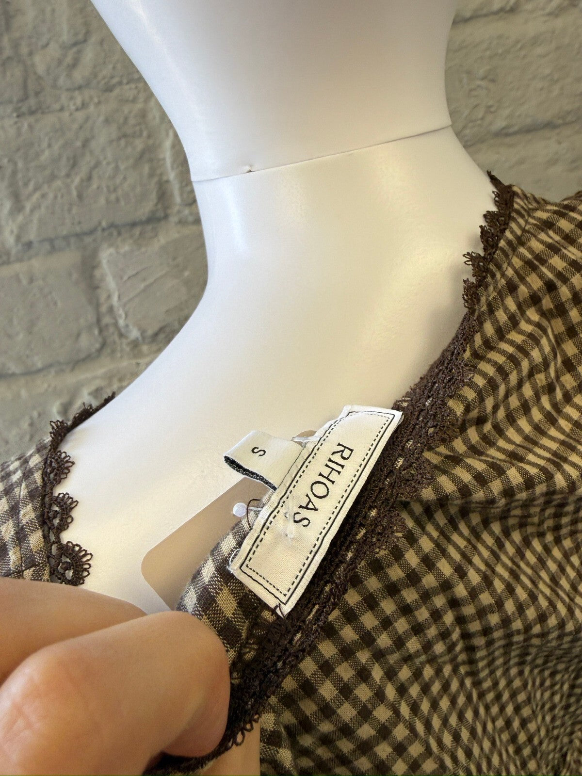 Brown Gingham Button-Up Top with Lace Trim
