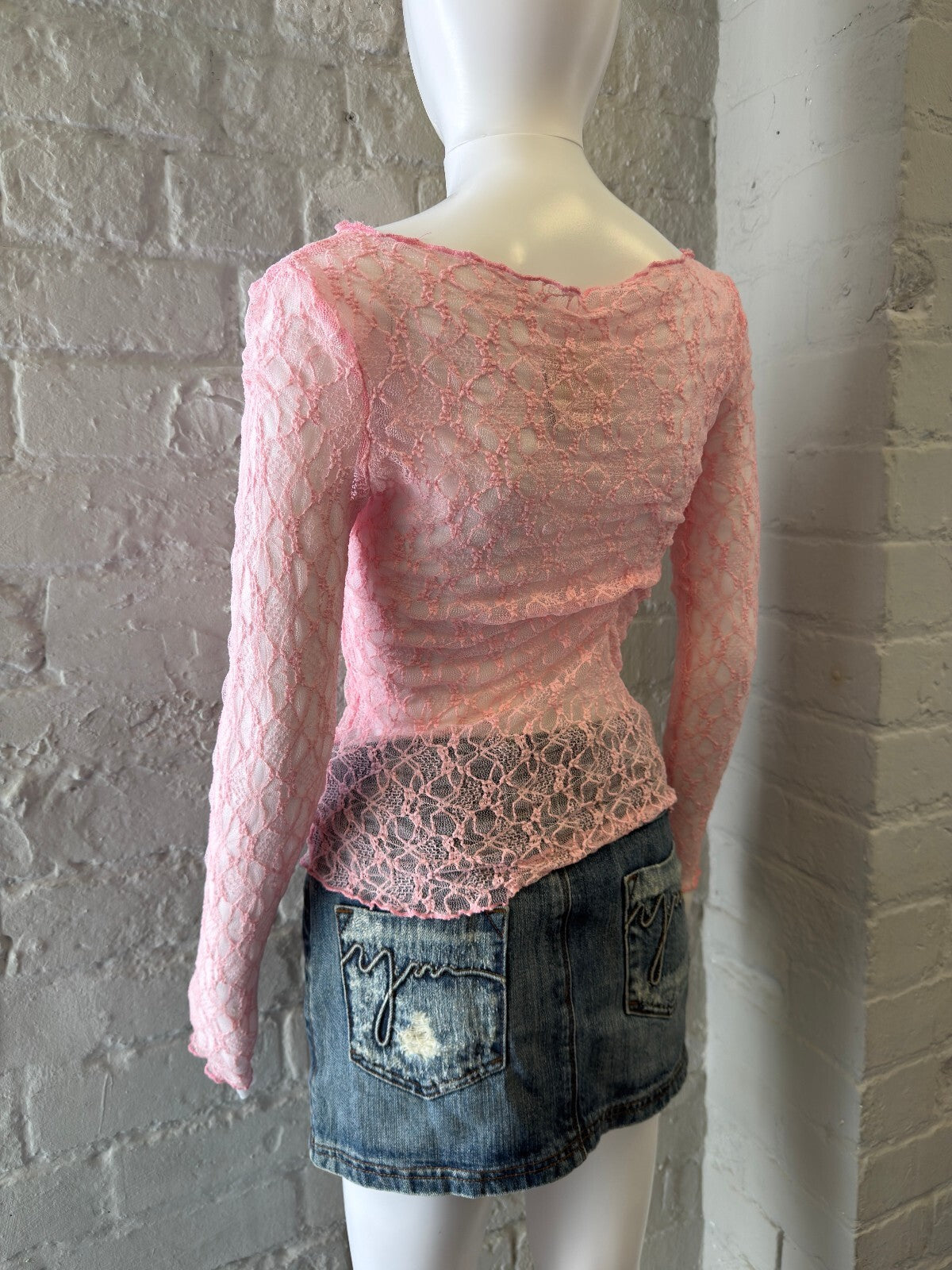 Pink Lace Long Sleeve Sheer Top