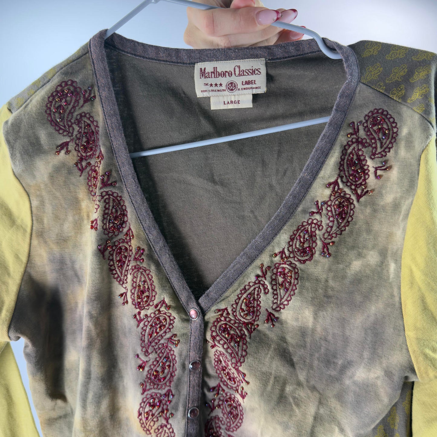 Marlboro Classics Women's Long Sleeve Tie-Dye Top with Embroidered Details- SIZE L