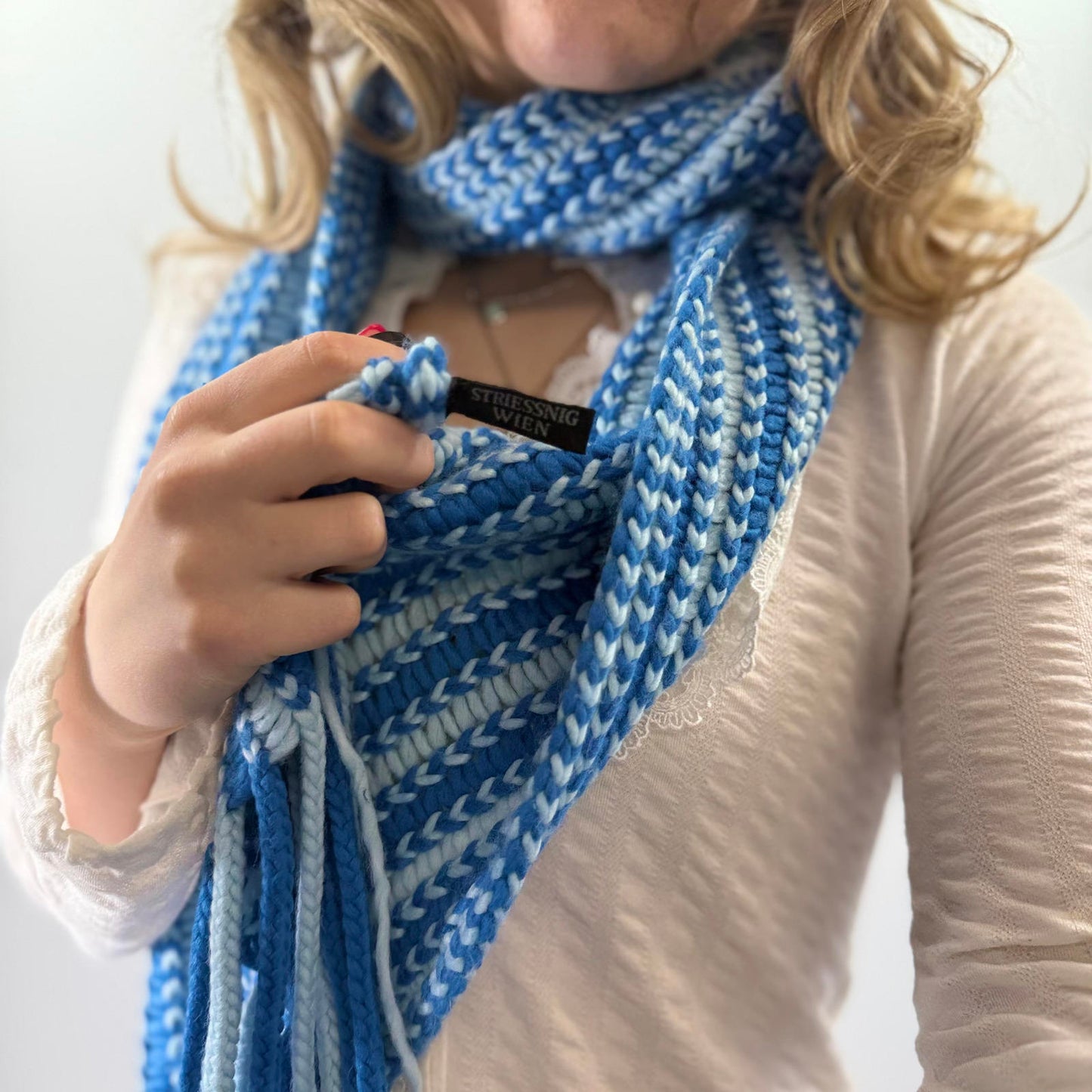 Handmade Blue and White Knitted Scarf with Fringe