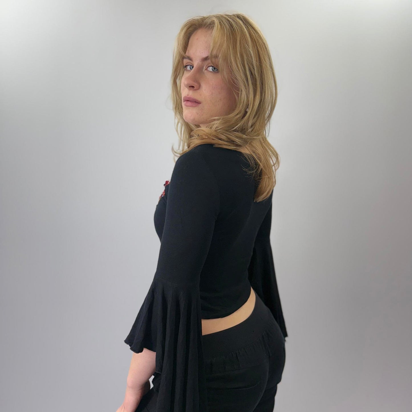 Black Long Sleeve Top with Floral Embellishment- SIZE XS