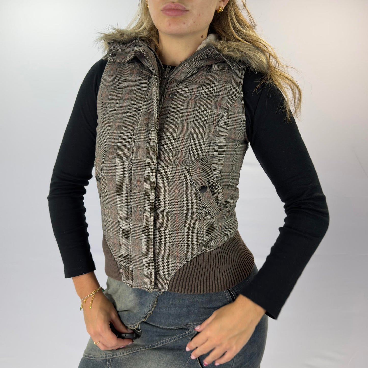 Clockhouse Plaid Women's Puffer Vest with Faux Fur Hood- SIZE XS